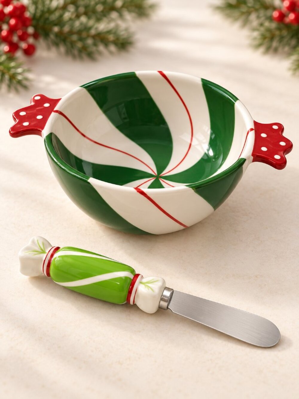 Hearth & Gnome Christmas Ceramic Bowl & Spreader Set NWT